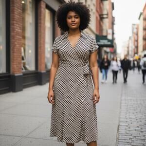 Cato Tan Brown Faux Wrap Midi Dress Plus Size 24W with Collar Surplice Front